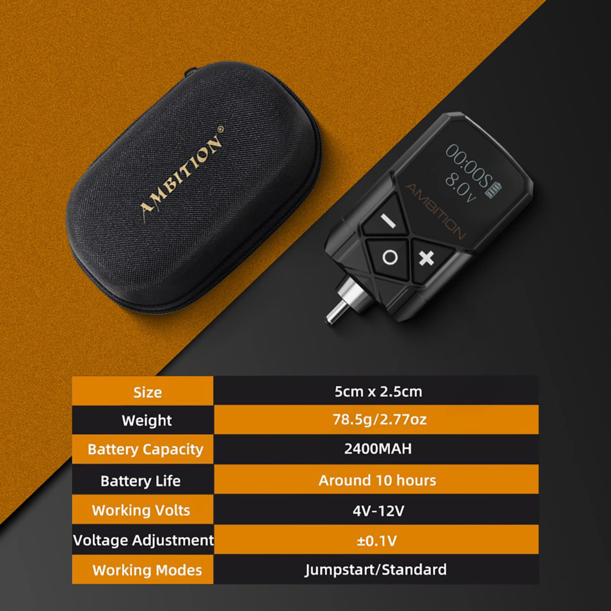Tattoo Power Supply - Ambition Kuark Mini Wireless Portable RCA Tattoo 2400mAh Lithium Battery Pack with LED Digital Display for Rotary Tattoo Machine - Image 4