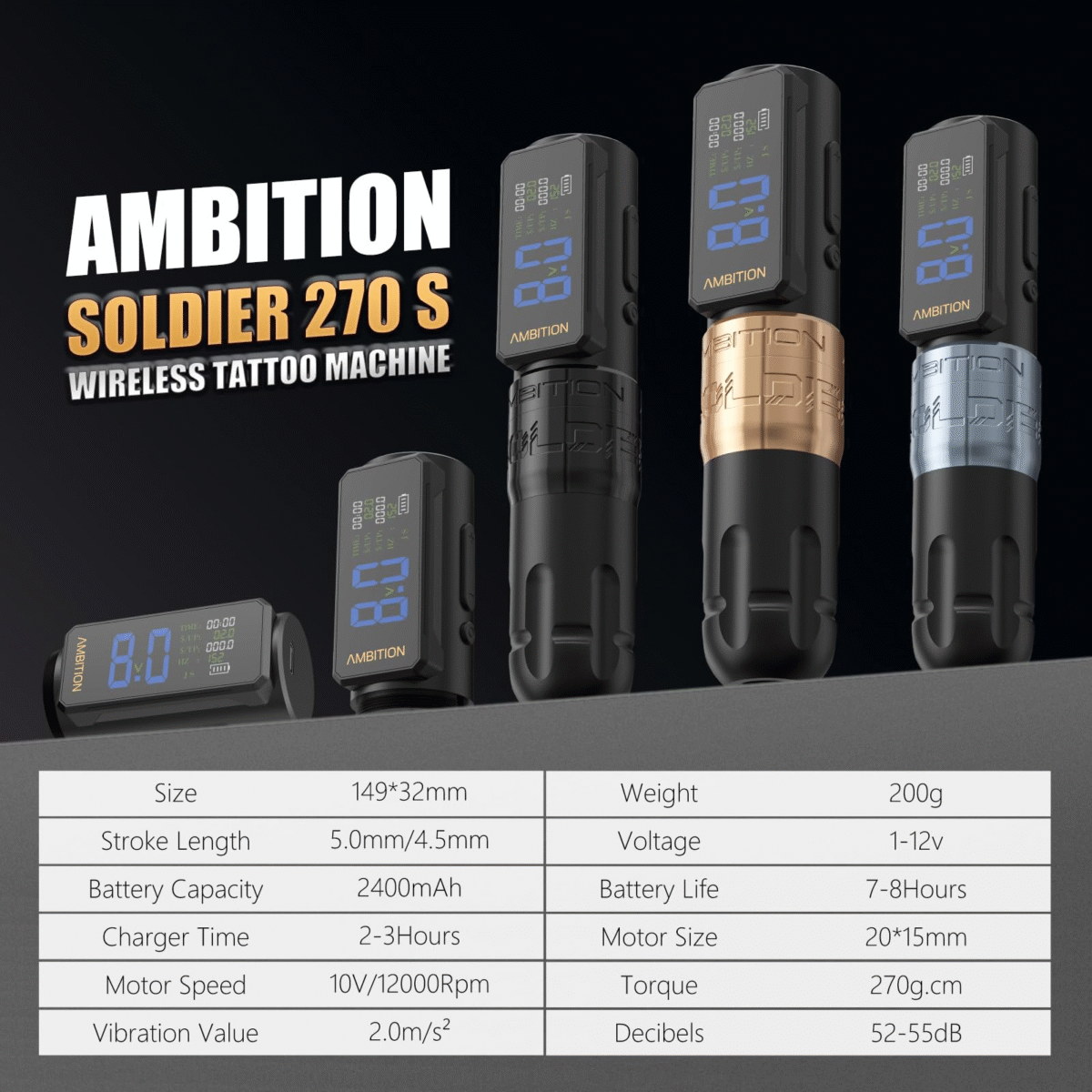 Ambition Soldier 270 S Wireless Tattoo Pen Machine, Rotary Tattoo Gun with 2400 mAh Battery, 270 g.cm Torque Brushless Motor, 5.0mm Stroke Cordless Tattoo Supply for Professional Artists - Image 6