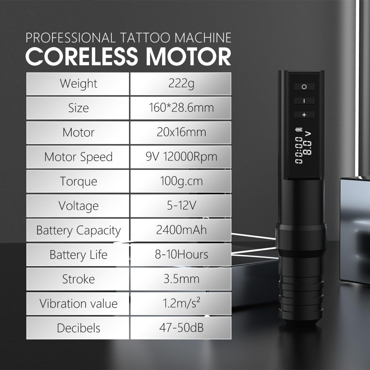 Wireless Tattoo Gun - Rotary Tattoo Cartridge Pen Custom Coreless Motor 2400mAh Power Supply Digital LED Display Professional for Tattoo Artist - Image 14