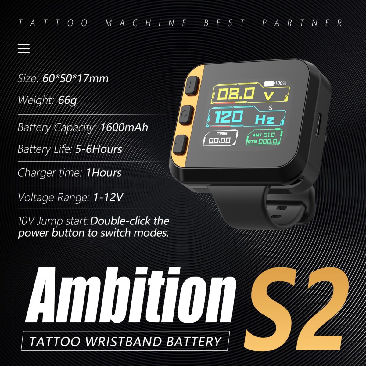 Tattoo Power Supply - Ambition S2 Touch Screen Tattoo Battery Wristband,1600mAh Portable Supply RCA Tattoo with LCD Touch Display Lithium Battery for Rotary Tattoo - Image 6