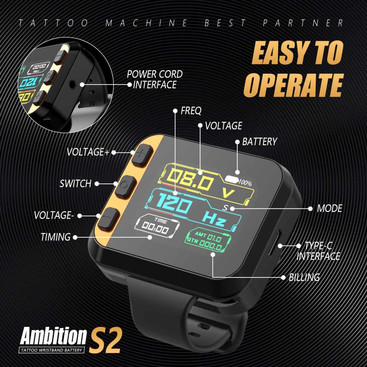 Tattoo Power Supply - Ambition S2 Touch Screen Tattoo Battery Wristband,1600mAh Portable Supply RCA Tattoo with LCD Touch Display Lithium Battery for Rotary Tattoo - Image 5