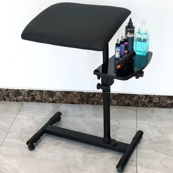 Tattoo Arm Rest with Adjustable Height and Side Tray - Full View of Professional Tattoo Workstation
