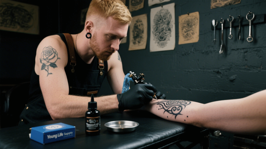 Professional foreign tattoo artist using Young Life Tattoo Supply needles to create clean lines on client's arm