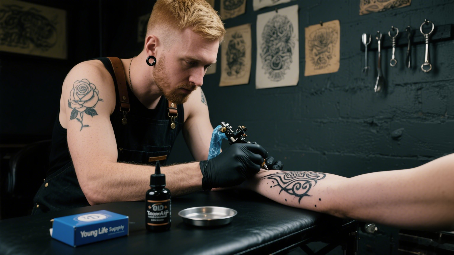 Professional foreign tattoo artist using Young Life Tattoo Supply needles to create clean lines on client's arm