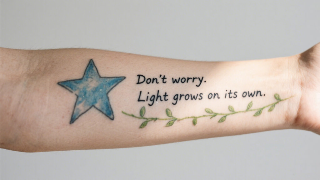 Close-up of overlapping tattoos: faded old star tattoo with new text 'Don’t worry. Light grows' added beside it, showing unfinished stories behind ink art