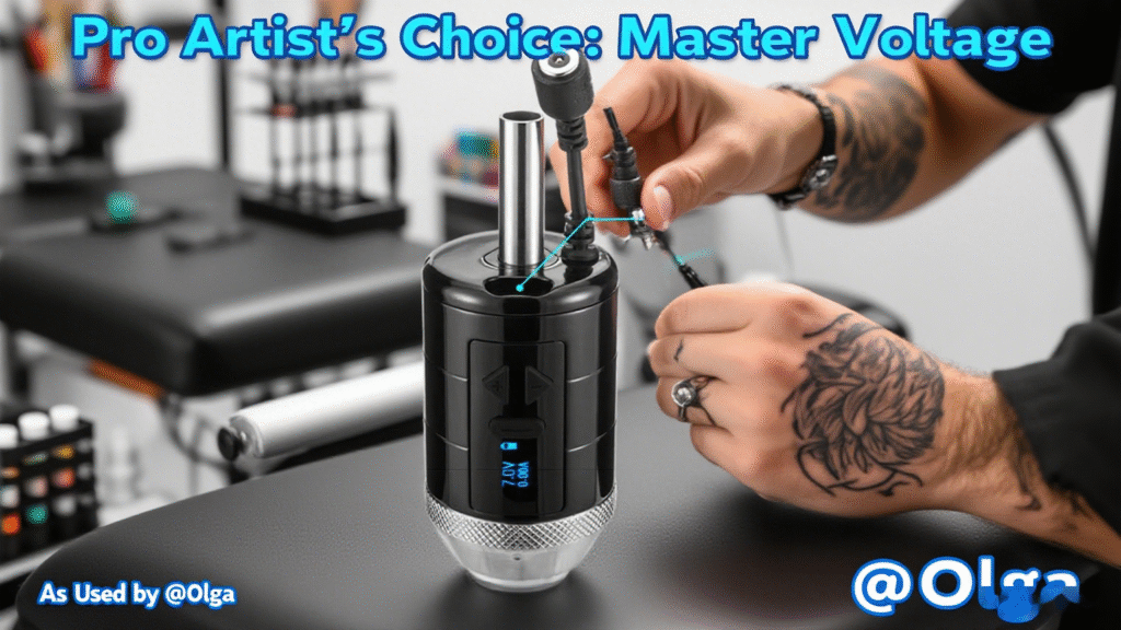 Tattoo artist using wireless tattoo machine with 7.3V displayed on LED screen, creating precise lines and shading