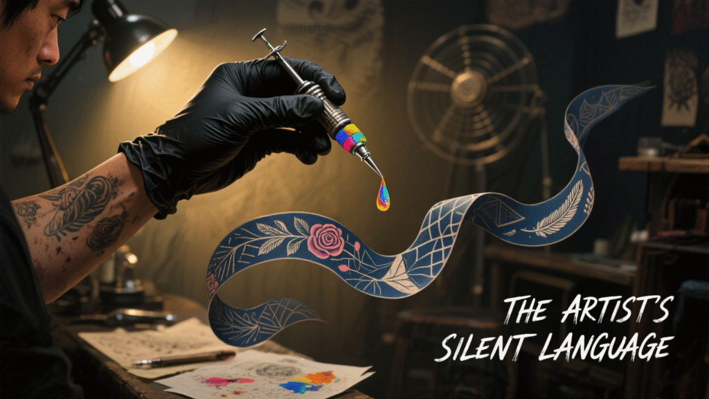 Close-up of a tattoo artist's hand holding a ballpoint cartridge over a sketch of a client's story—a half-drawn heart with 'Mom' written inside, showing tools as partners in storytelling