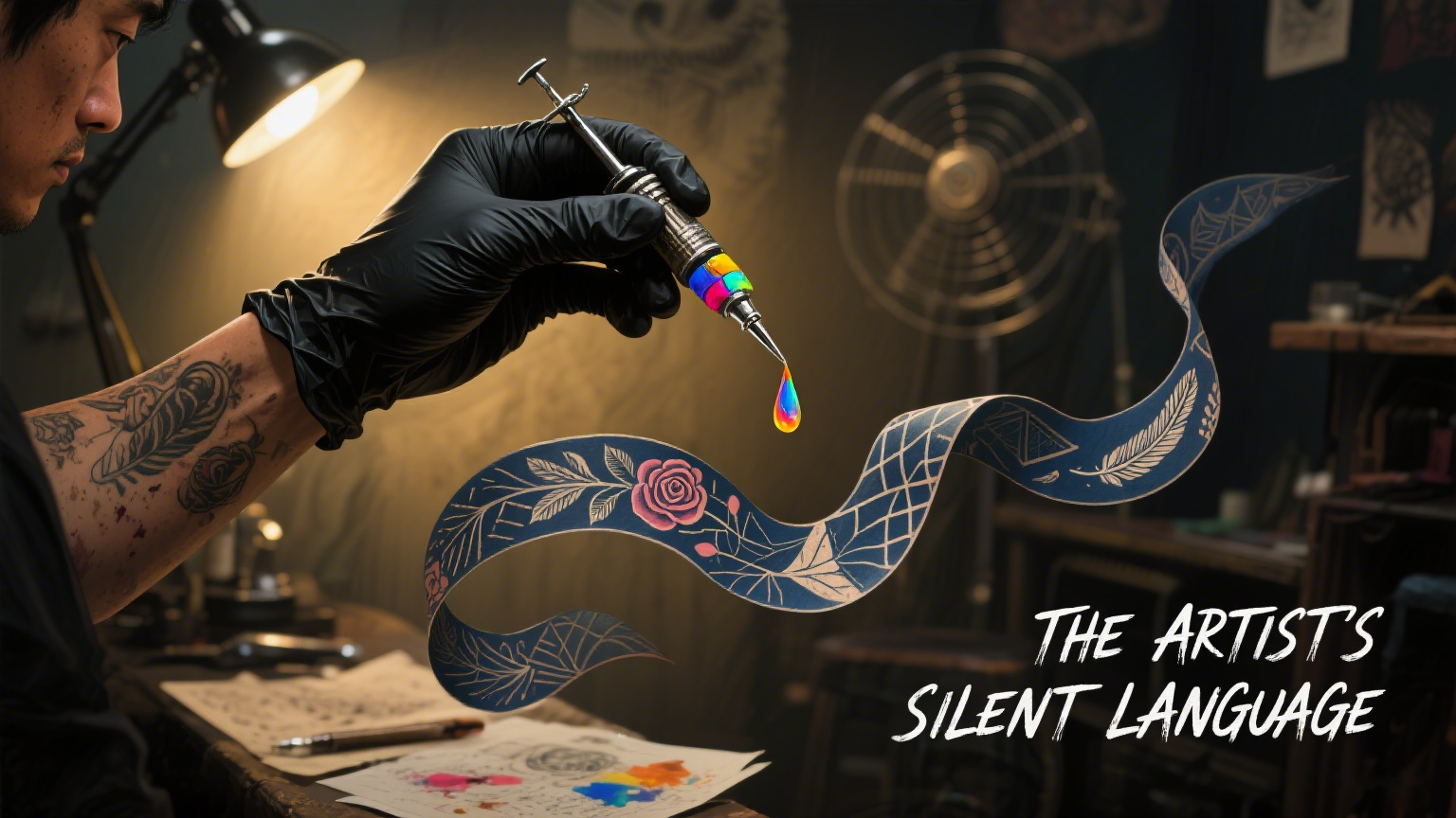 Close-up of a tattoo artist's hand holding a ballpoint cartridge over a sketch of a client's story—a half-drawn heart with 'Mom' written inside, showing tools as partners in storytelling