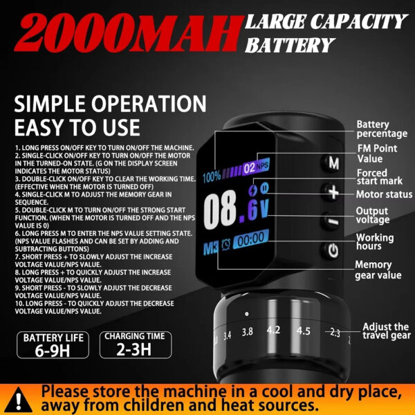 Professional tattoo machine with 2000mAh battery and adjustable needle stroke (2.3-4.5mm) for eyebrow, eyeliner, lip tattoos" ："Digital display of tattoo machine showing battery level and voltage - 2000mAh long-lasting battery" ："Tattoo artist using adjustable needle stroke machine for eyebrow permanent makeup"