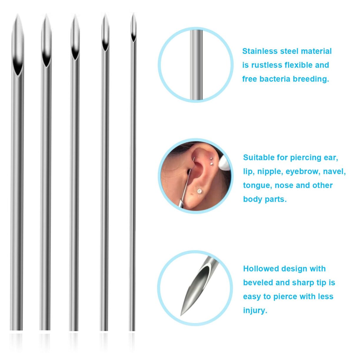 Sharp tip of sterilized piercing needle for precise ear piercing