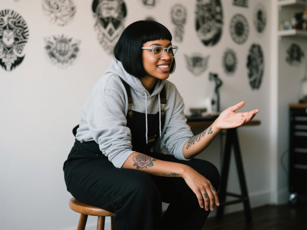 Tattoo studio scene: Artist with short black hair, glasses, and arm tattoos talks about sterilized needles, batch testing, and reliable suppliers like YoungLifeTattooSupply, aligning with the article’s focus on needle safety.output