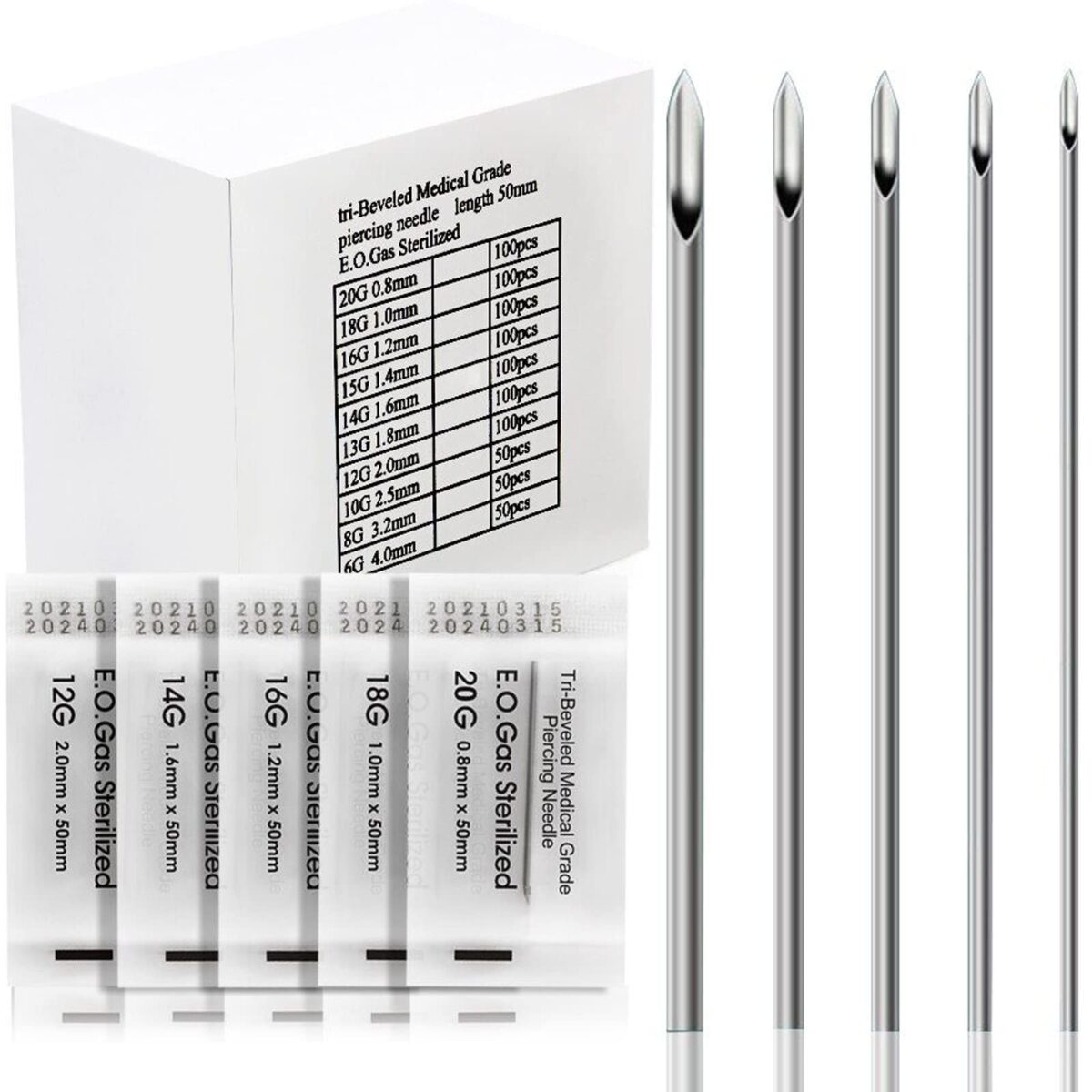 Stainless steel sterilized piercing needles in multi-gauge sizes (16G, 18G) for ear, nose, body piercing