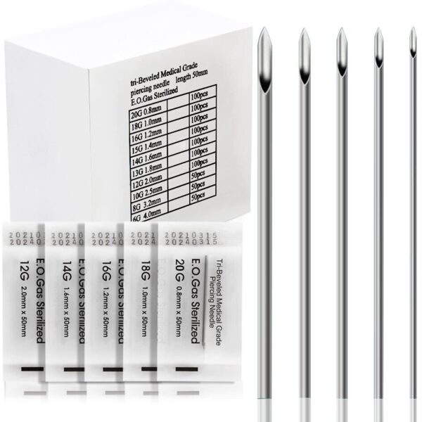 Stainless steel sterilized piercing needles in multi-gauge sizes (16G, 18G) for ear, nose, body piercing