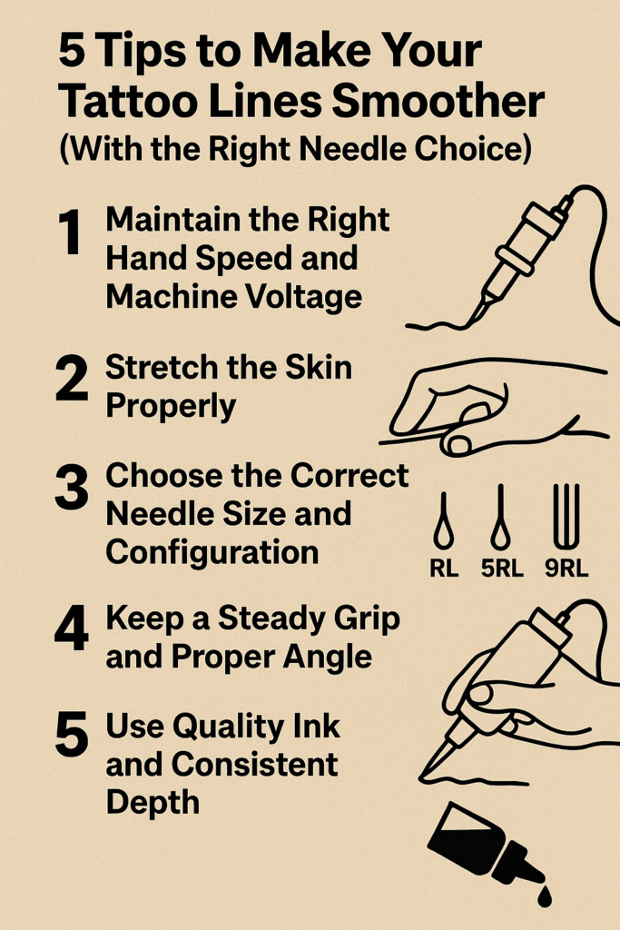 Infographic showing 5 tips to make tattoo lines smoother, including correct needle choice, hand speed, skin stretching, grip angle, and ink quality.