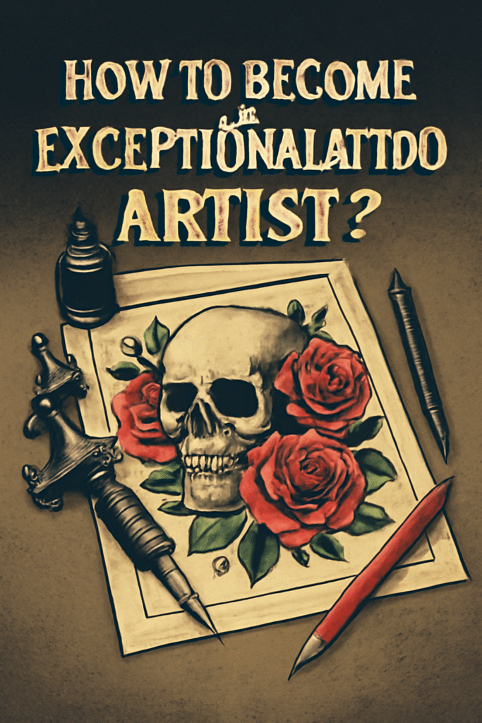 Vintage tattoo-inspired artwork featuring a skull and red roses, with a tattoo machine and artistic tools. The text 'How to Become an Exceptional Tattoo Artist?' is prominently displayed.