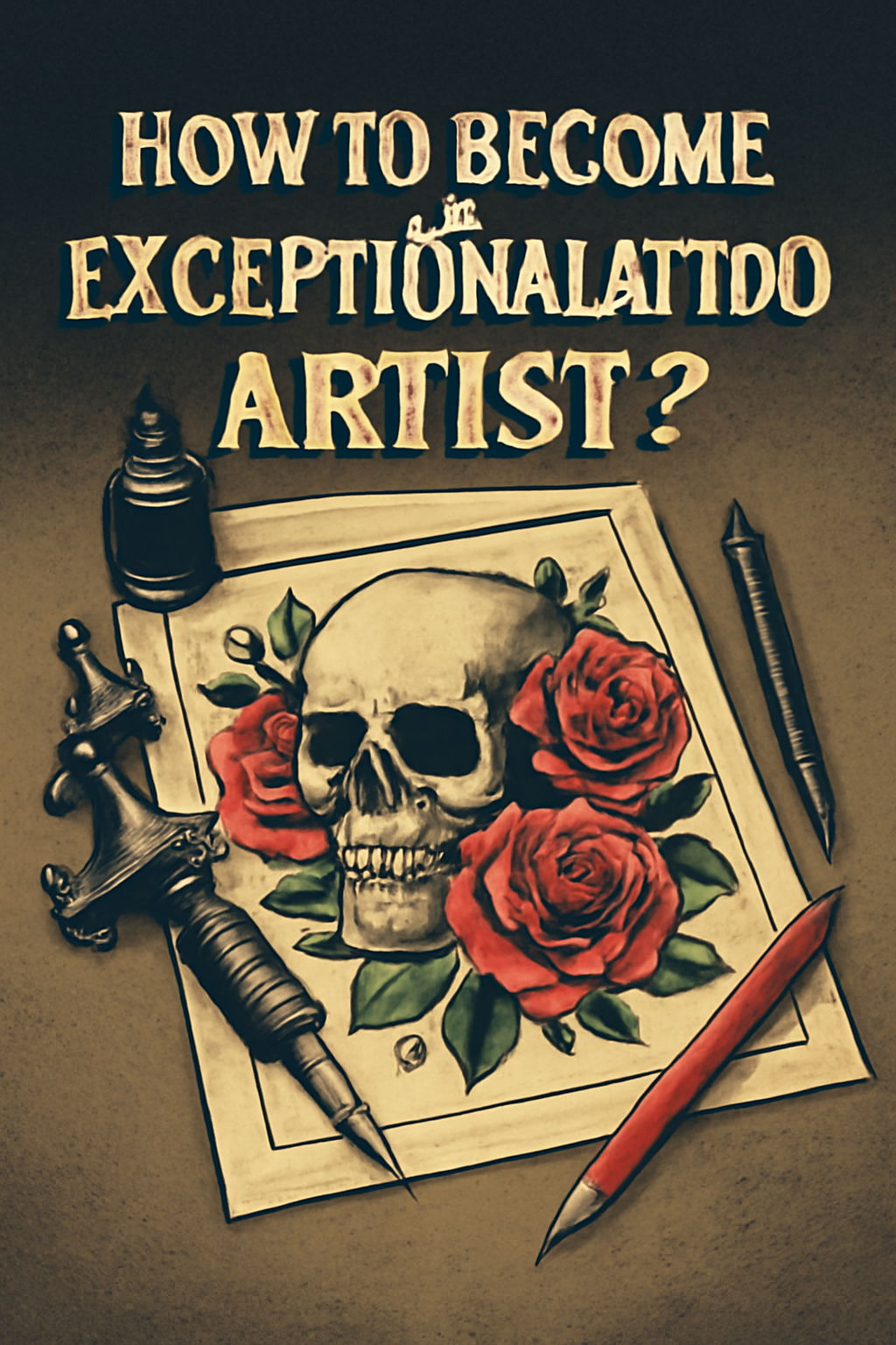 Vintage tattoo-inspired artwork featuring a skull and red roses, with a tattoo machine and artistic tools. The text 'How to Become an Exceptional Tattoo Artist?' is prominently displayed.