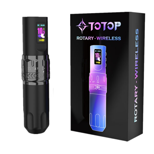 Black TOTOP rotary wireless tattoo pen with HD screen, Type - C charging for professional use