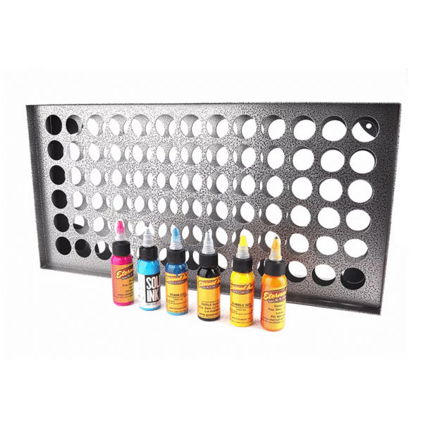 78-hole wall-mounted tattoo ink rack – metal ink bottle holder for tattoo studios and shops, fits 1oz & 2oz bottles, durable and easy to install.
