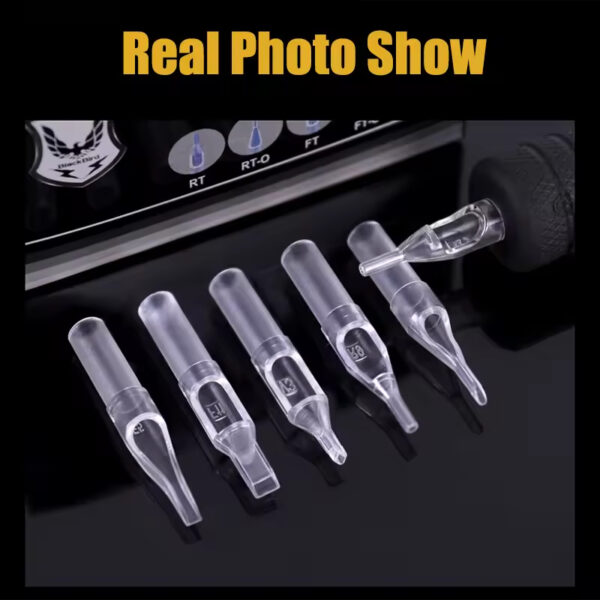 Sterile disposable tattoo tips – clear, individually packed single-use tattoo tube tips for professional tattoo artists and studios.
