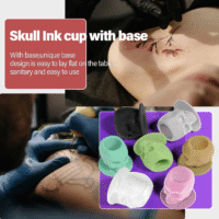 Silicone skull-shaped tattoo ink cups in vibrant colors, designed to protect needles and provide precision during tattooing.