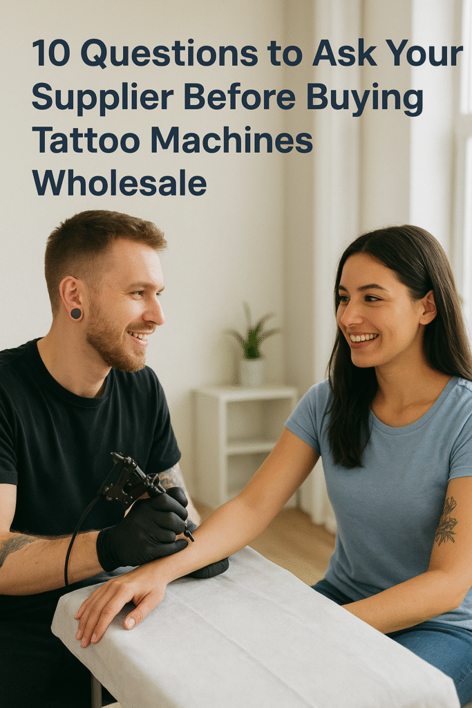 Tattoo artist discussing tattoo machines with supplier before wholesale purchase