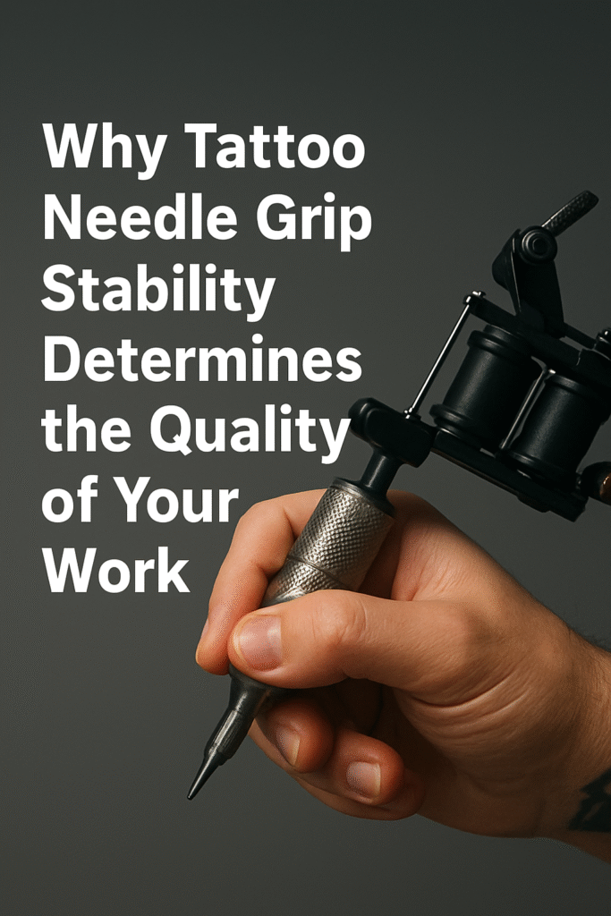 Professional tattoo artist holding a tattoo machine grip to show why needle grip stability is important for clean tattoo work