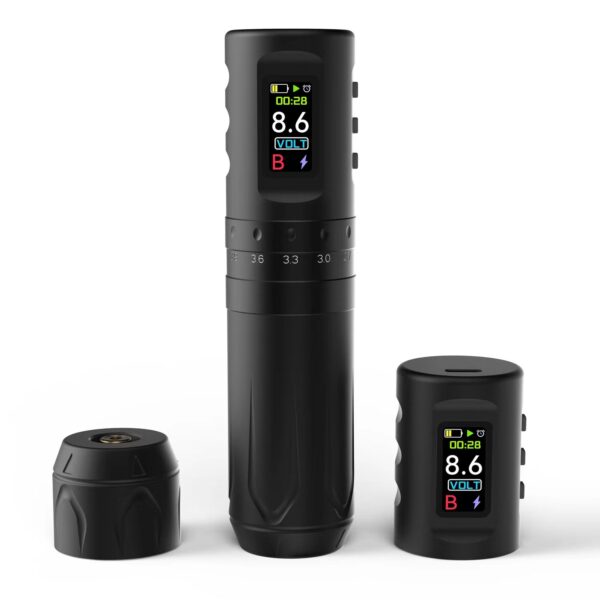 Wireless tattoo pen machine with LCD display and adjustable voltage, professional rotary tattoo kit for artists and studios.