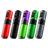 Wireless tattoo pen machine with LCD display and adjustable voltage, professional rotary tattoo kit for artists and studios.