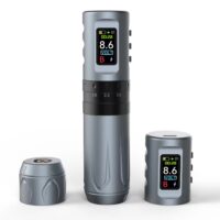 Wireless tattoo pen machine with LCD display and adjustable voltage, professional rotary tattoo kit for artists and studios.