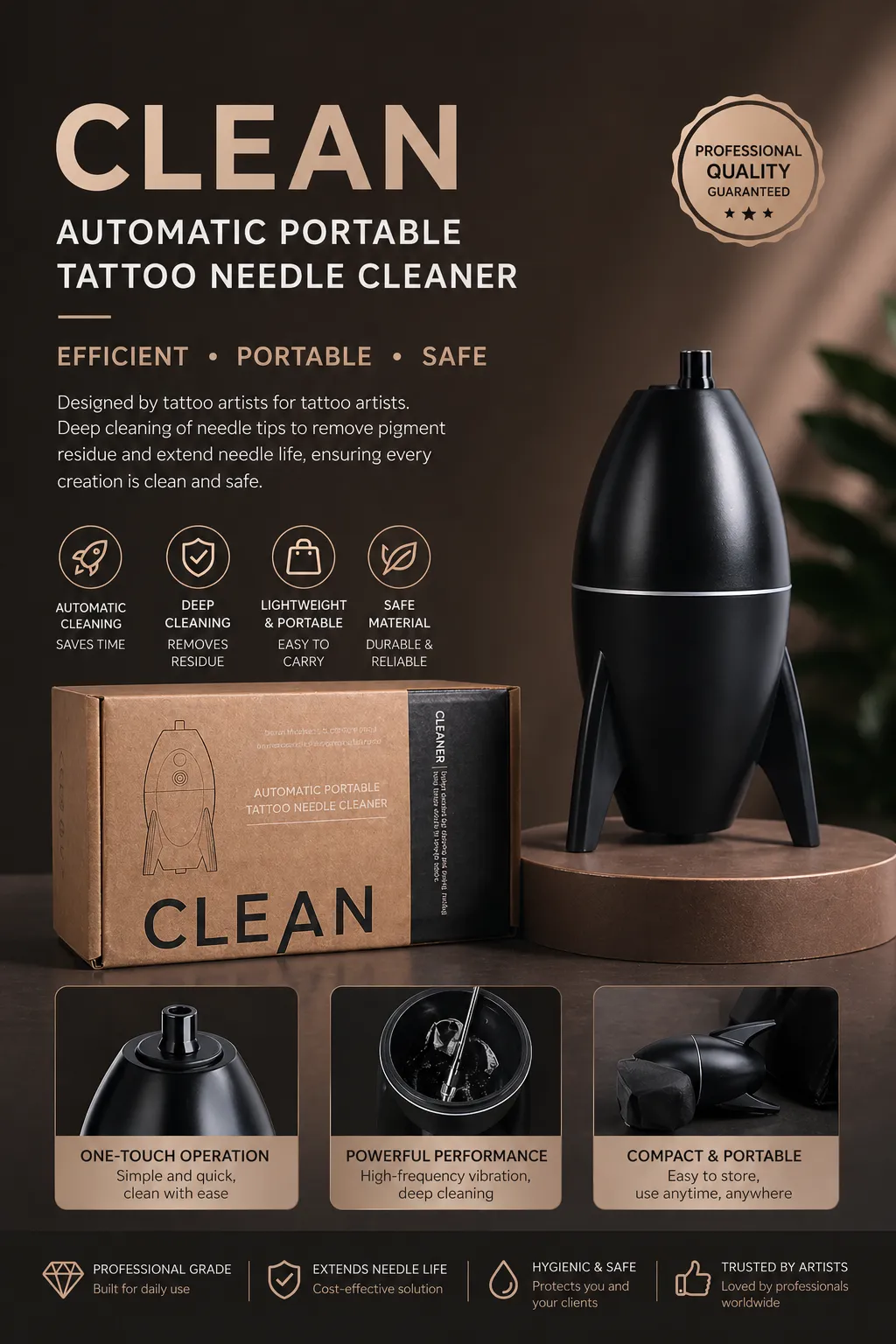 Automatic tattoo needle cleaner machine for professional tattoo artists in studio use, improving workflow efficiency and ink cleaning process.